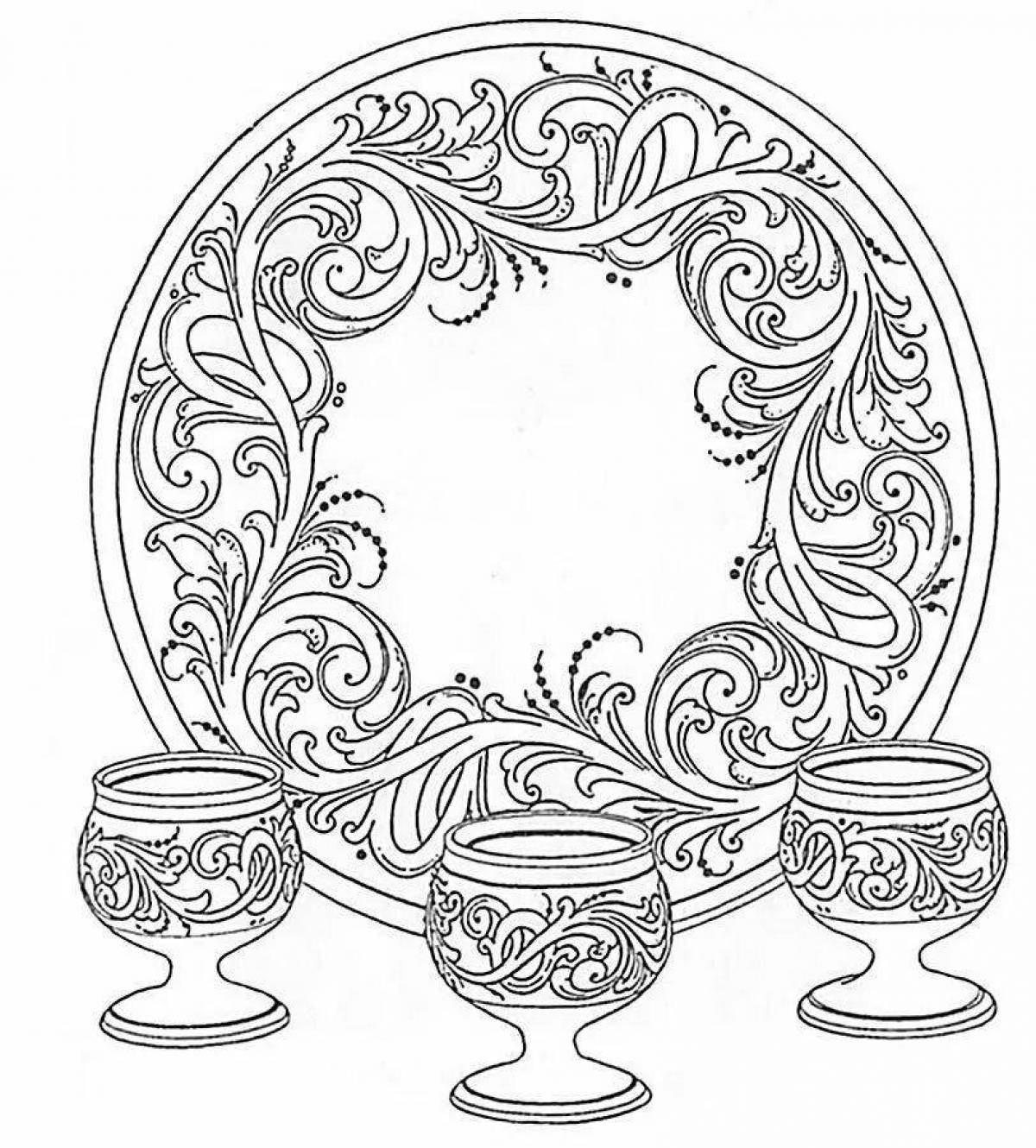 Coloring page festive Khokhloma plate