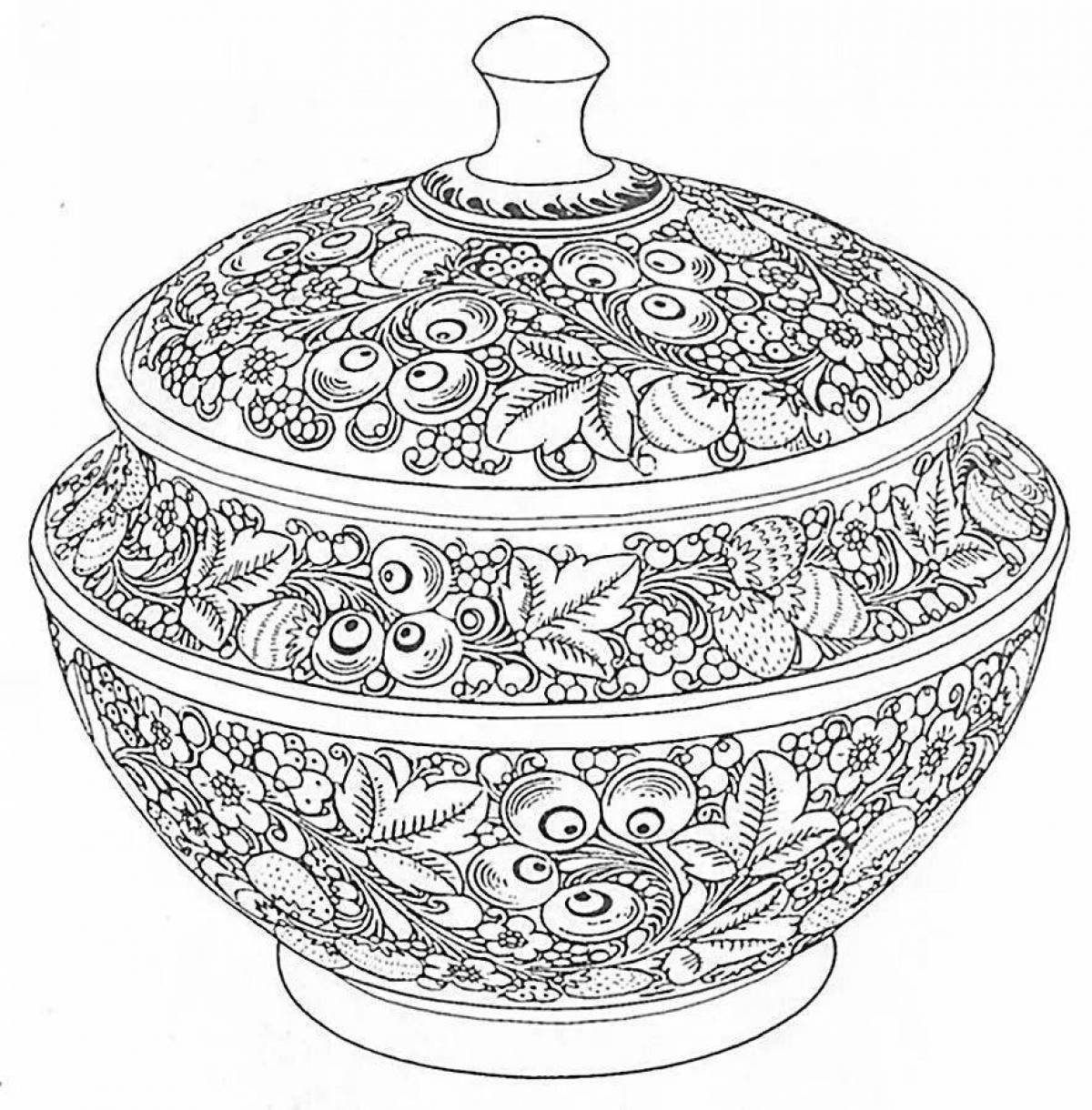 Coloring book humorous Khokhloma plate