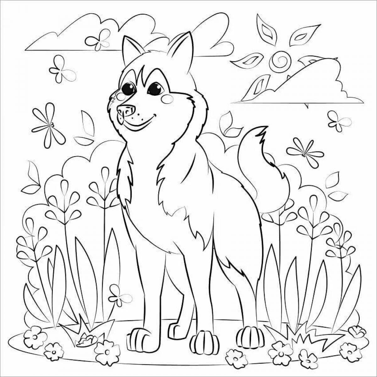 Coloring page funny husky puppy