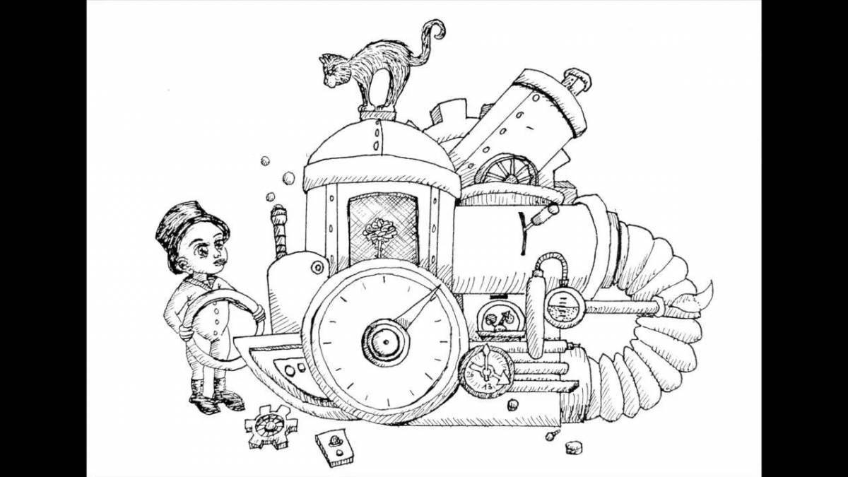 Playful time machine coloring page