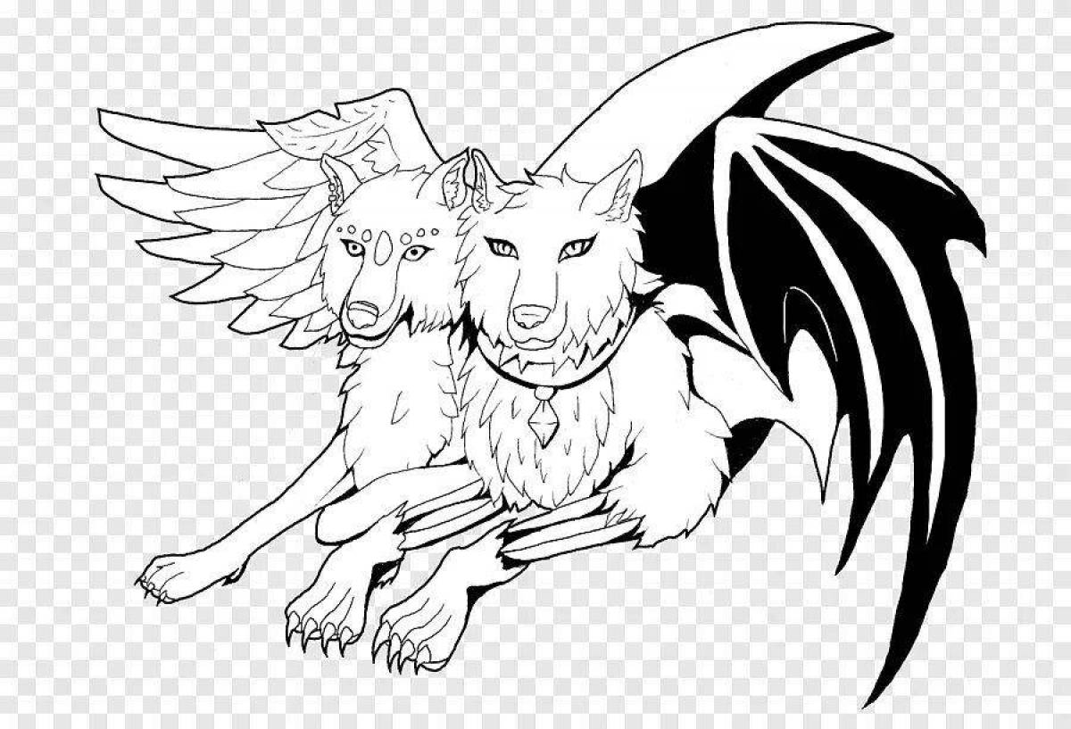 Elegant coloring wolf with wings