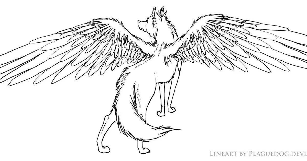 Благородная раскраска волк с крыльями