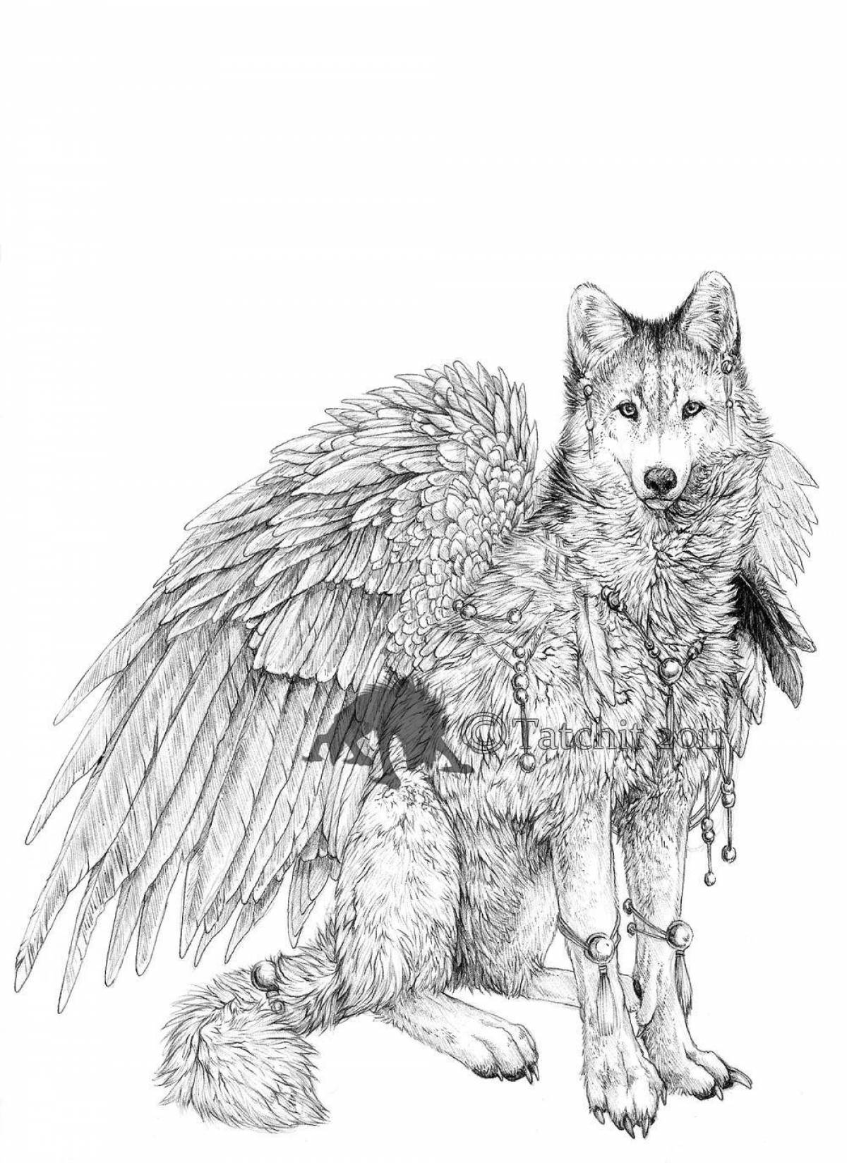 Радиантная раскраска волк с крыльями
