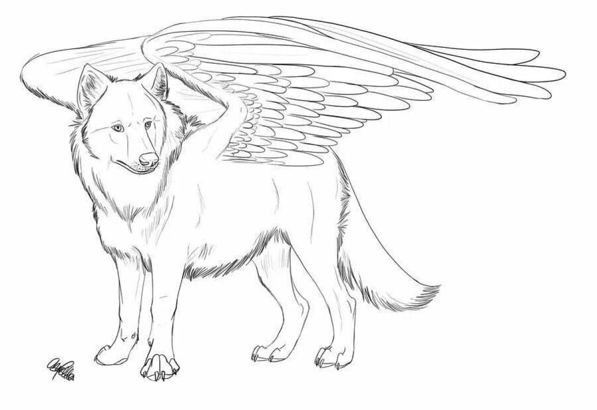 Царственная раскраска волк с крыльями
