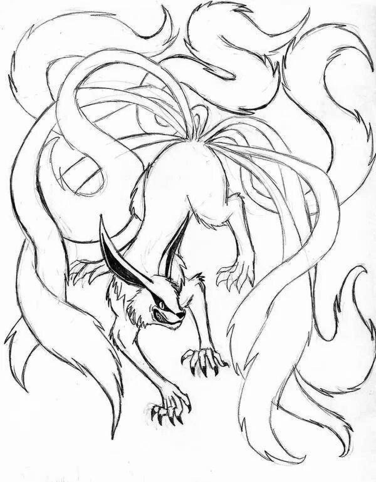 Adorable nine-tailed fox coloring page