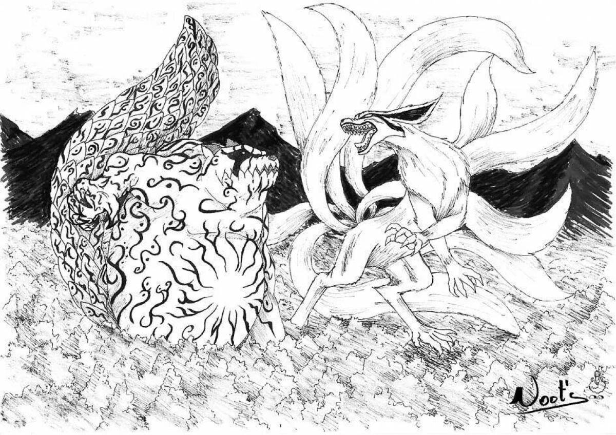 Adorable nine-tailed fox coloring page