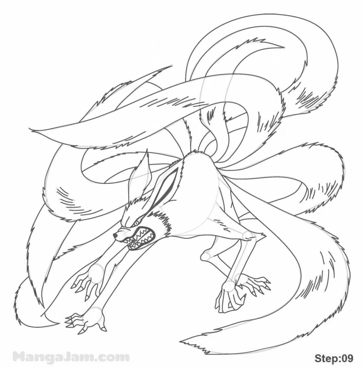 Rampant nine-tailed fox coloring page