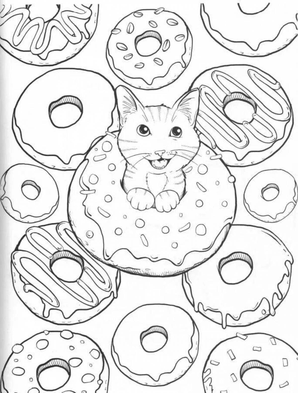 Раскраска гламурный кот-пончик