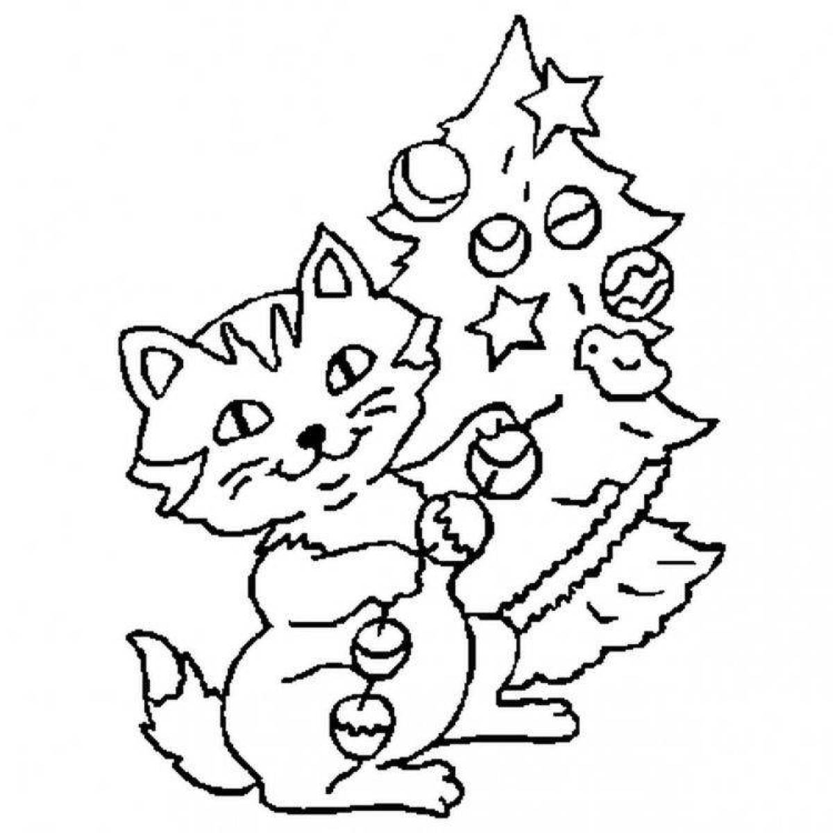 Coloring book fluffy Christmas cat