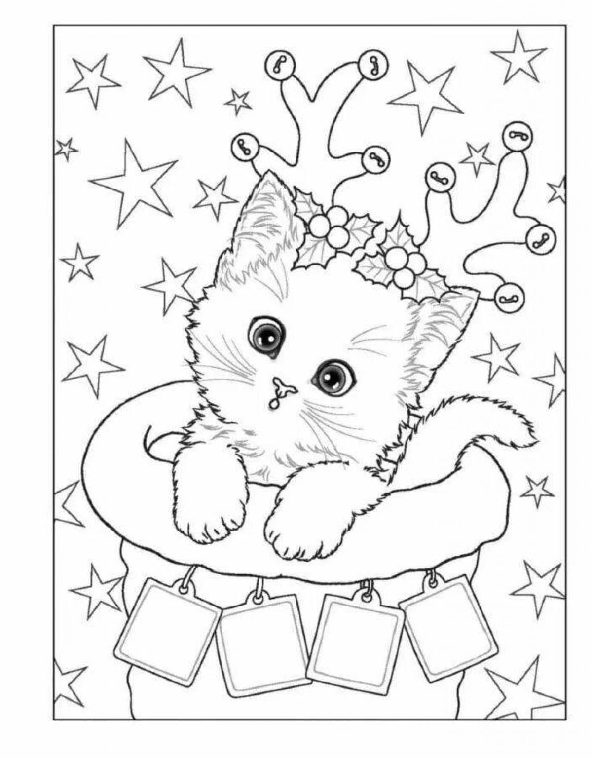 Coloring book glowing Christmas cat