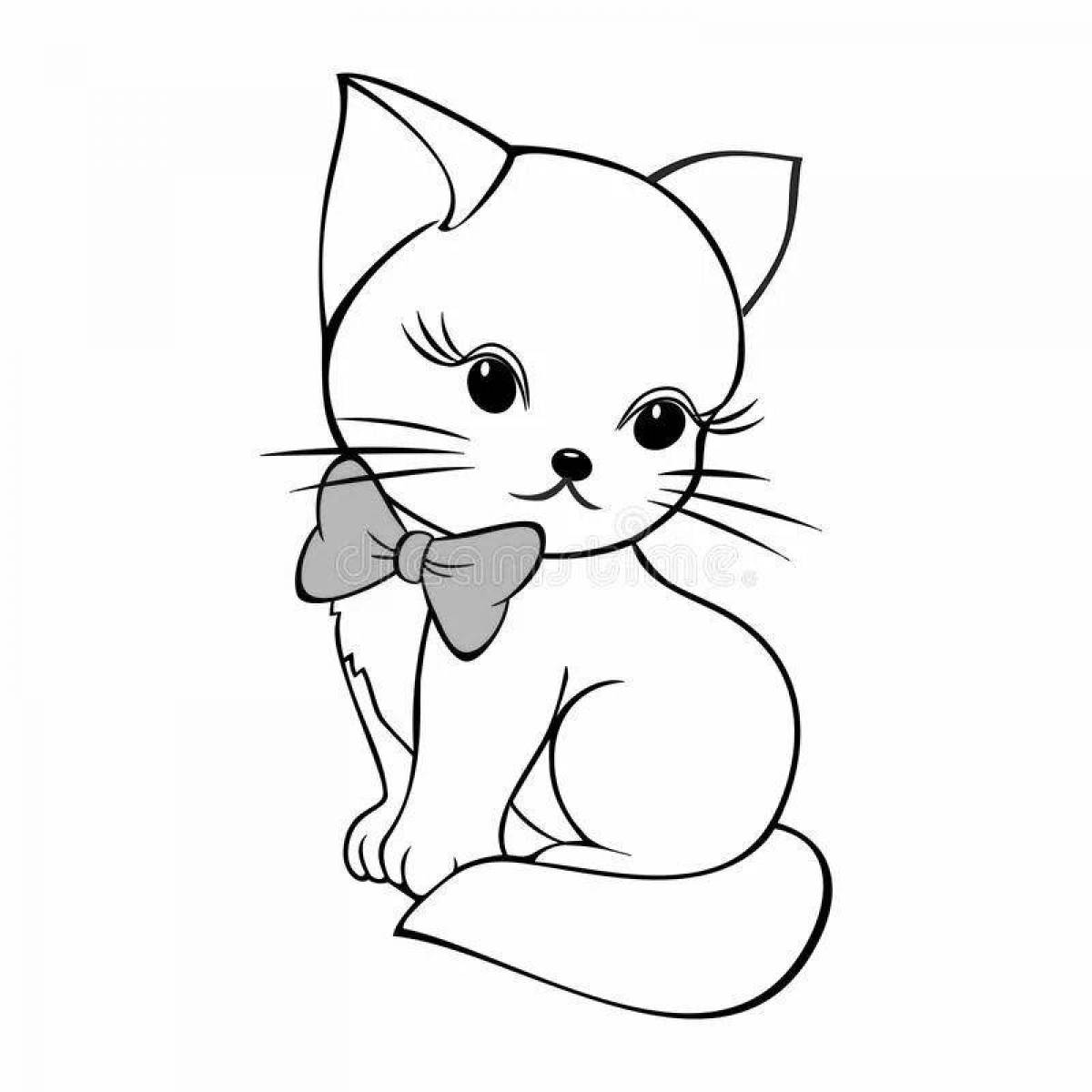 Coloring page fluffy cat with a bow