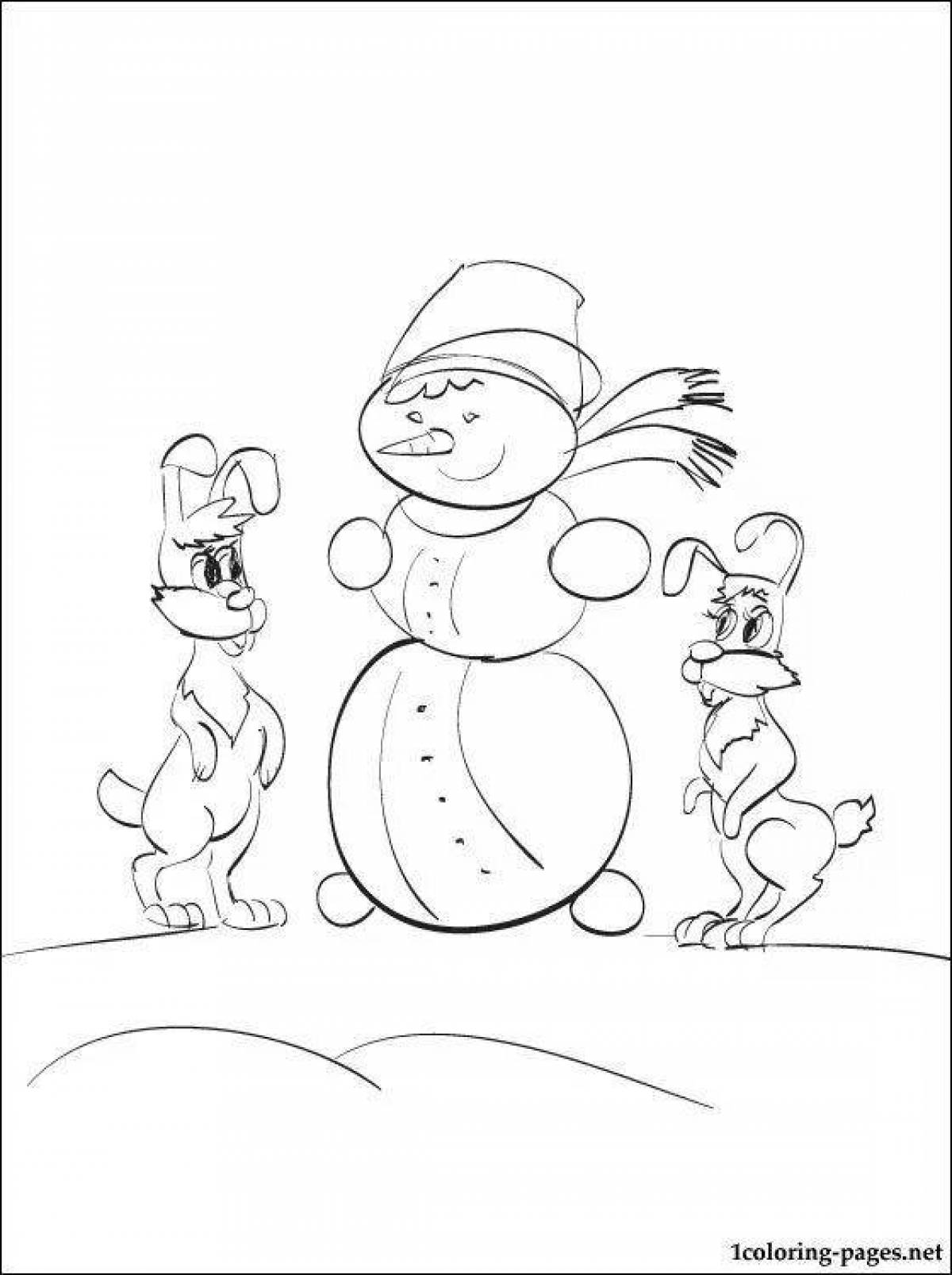 Coloring book colorful hare and snowman