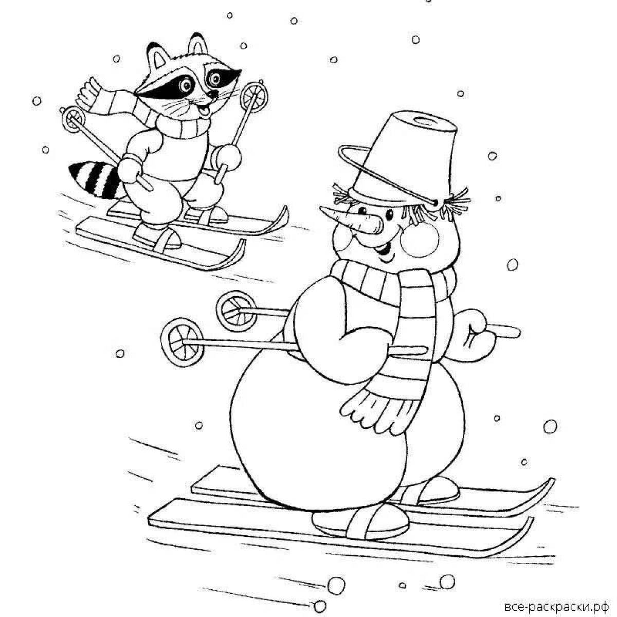 Coloring book joyful hare and snowman