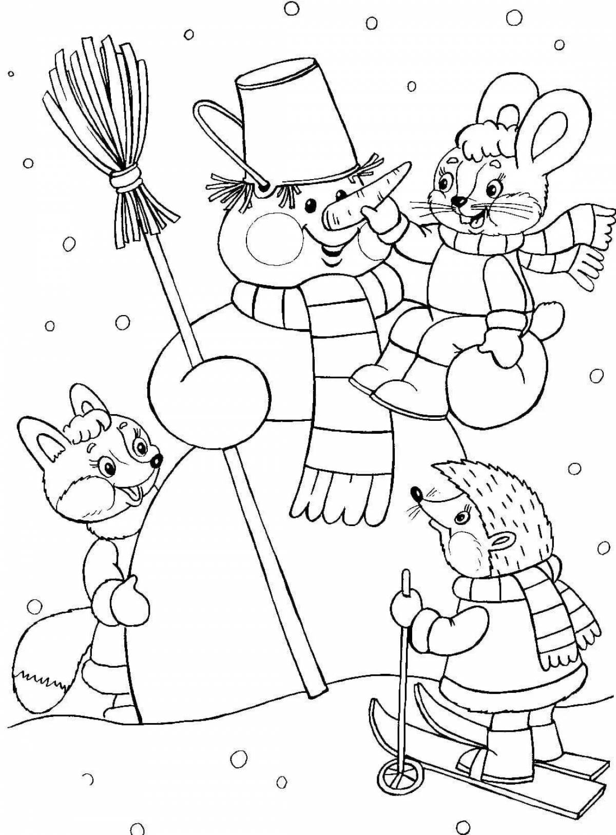 Раскраска веселый заяц и снеговик
