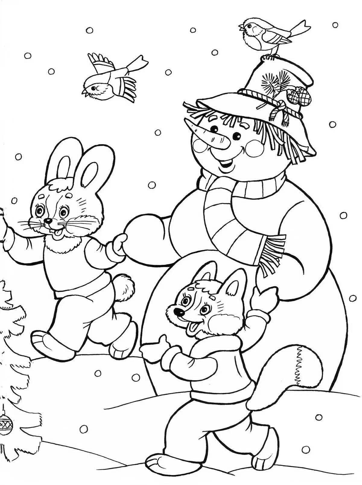 Раскраска игривый заяц и снеговик