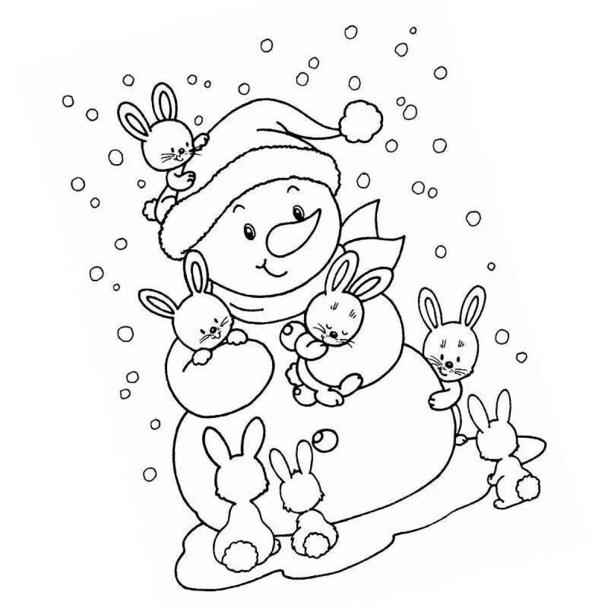 Раскраска очаровательный заяц и снеговик
