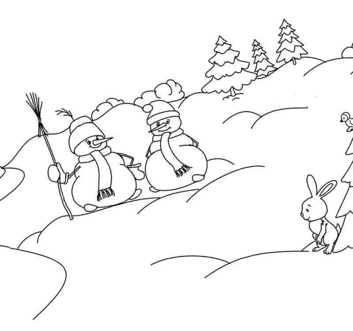 Coloring page magic hare and snowman