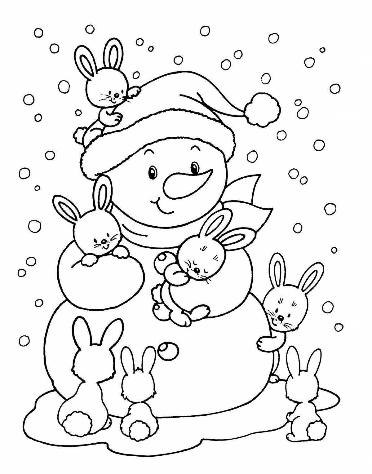 Раскраска сверкающий заяц и снеговик