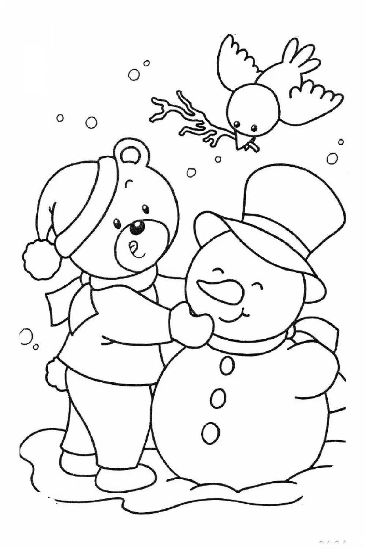 Coloring book shining hare and snowman