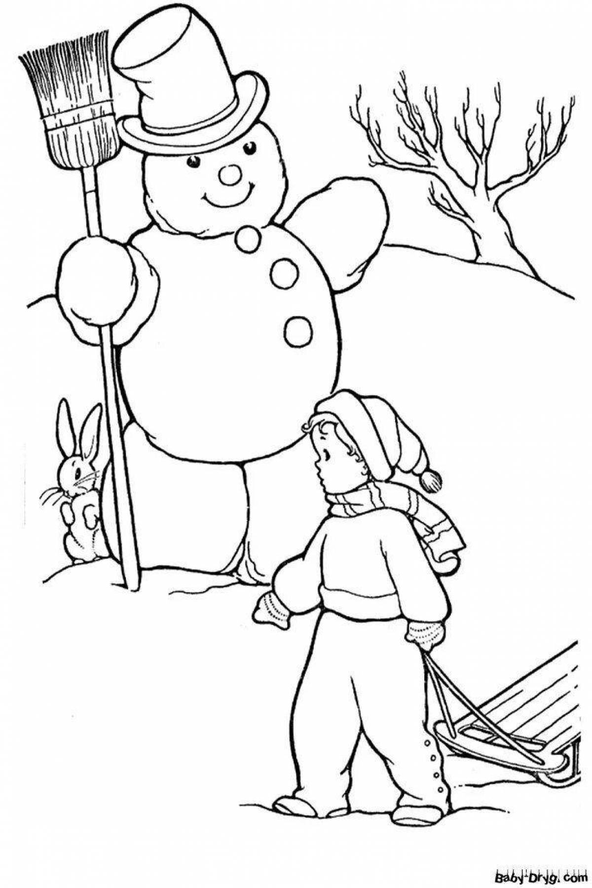 Coloring book rabbit and snowman with colorful splashes