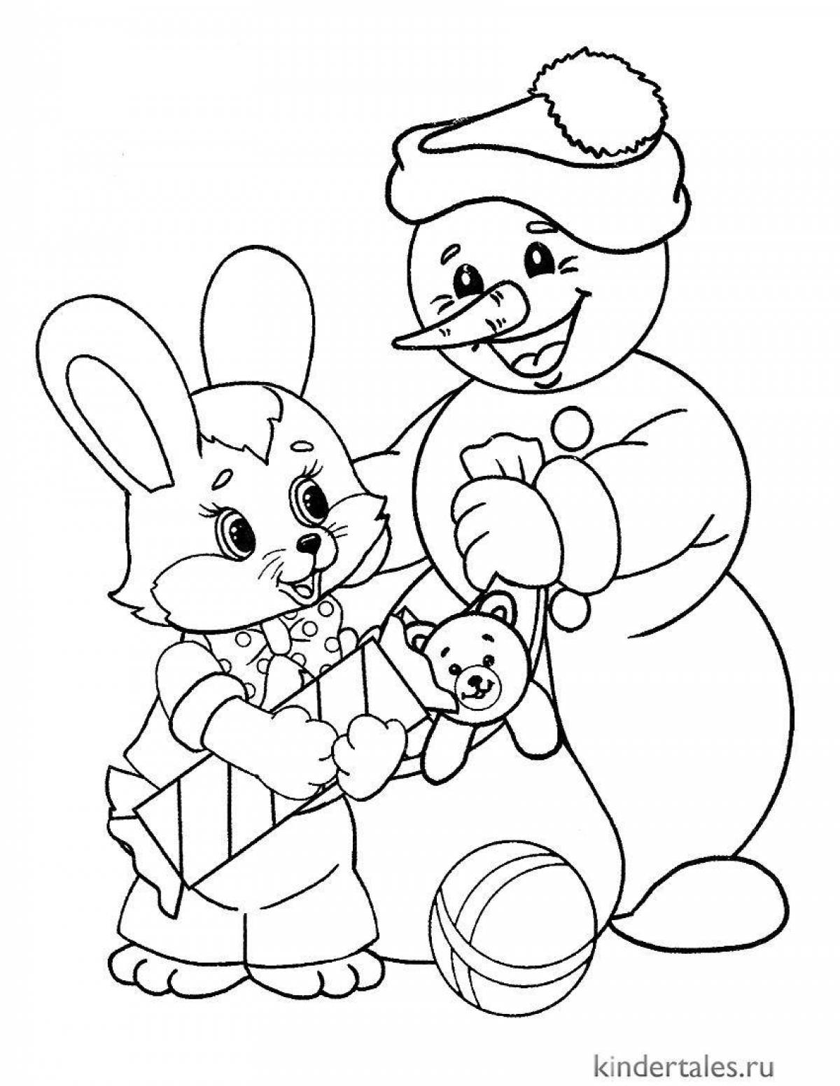 Colourful bunny and snowman coloring page