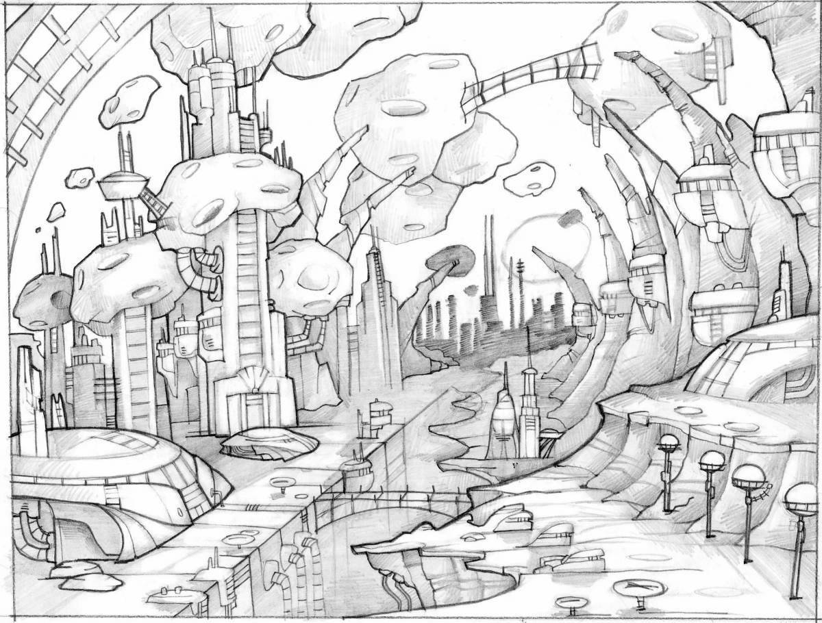 Bright coloring city of the future drawing