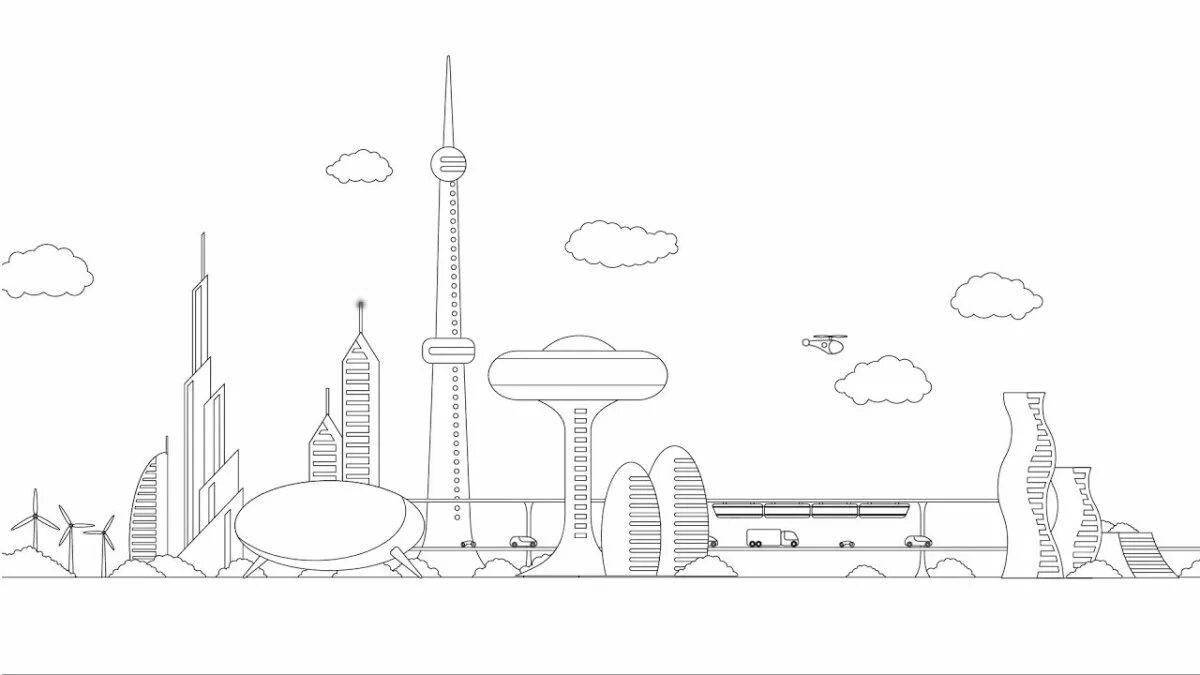 Radiant coloring page future city drawing