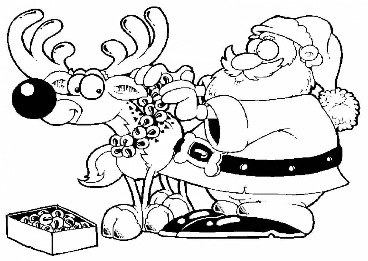 Coloring page happy santa claus and reindeer