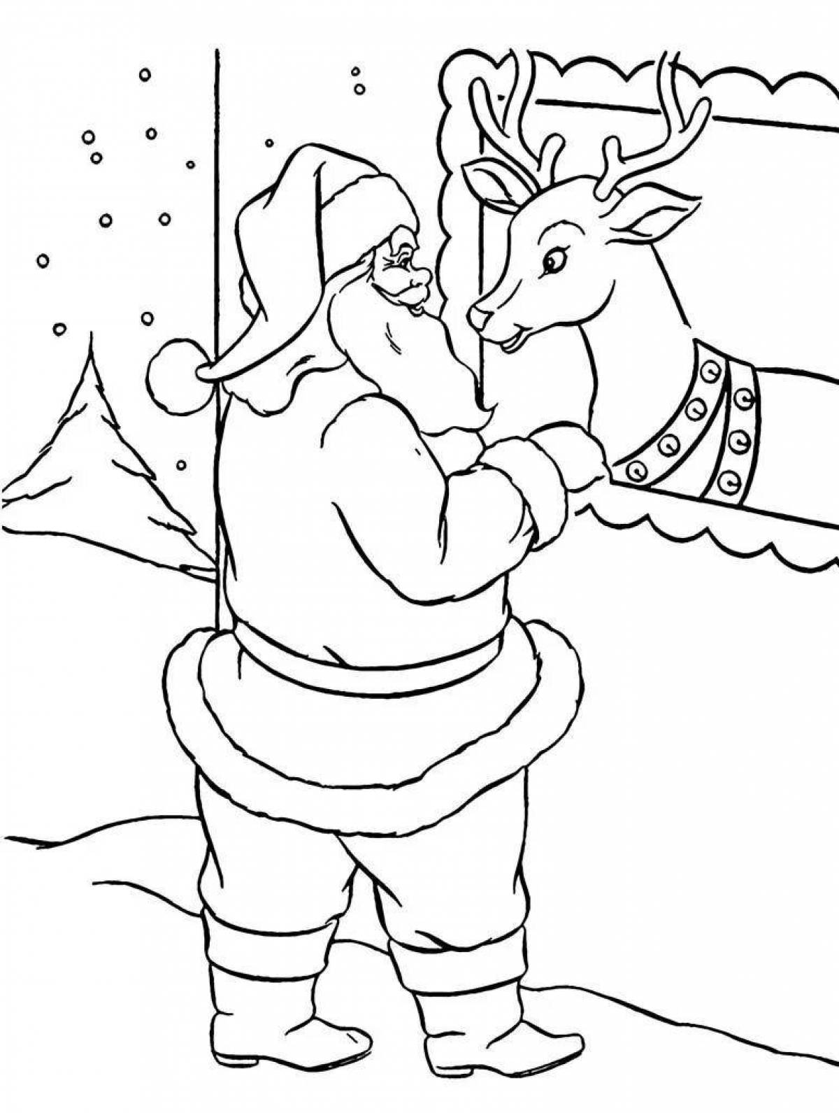Colorful santa claus and reindeer coloring page