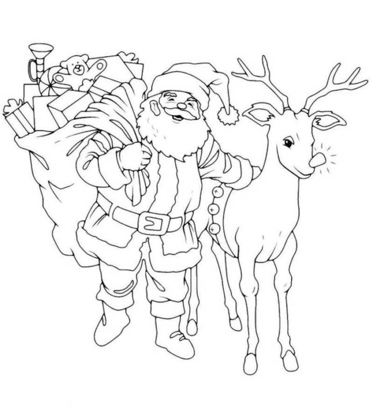 Bright santa claus and reindeer coloring book