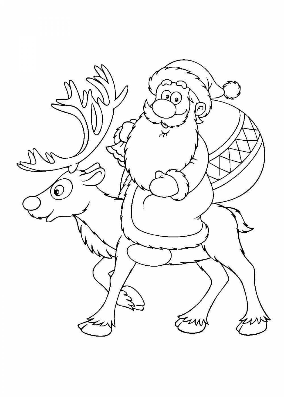 Glowing santa claus and reindeer coloring page