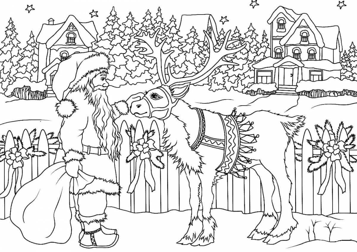 Coloring page shining santa claus and reindeer