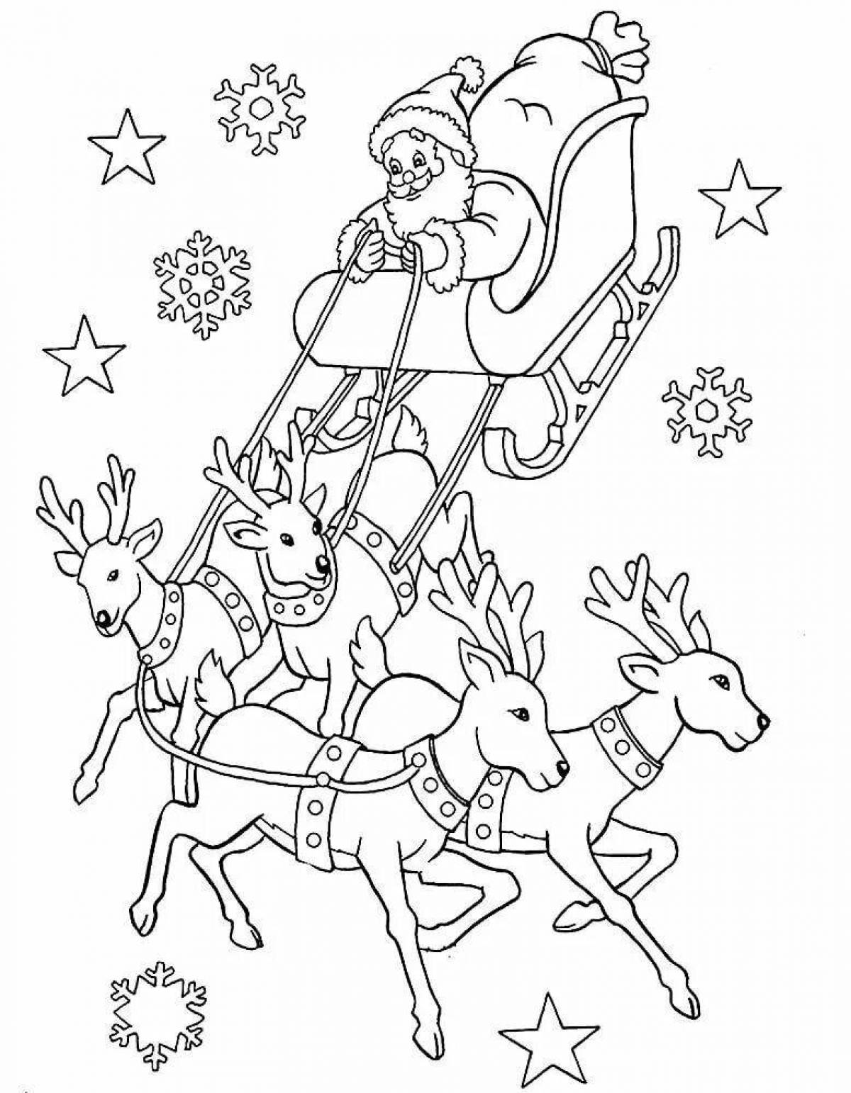 Раскраска Новый год, олень санты с подарком для детей распечатать бесплатно