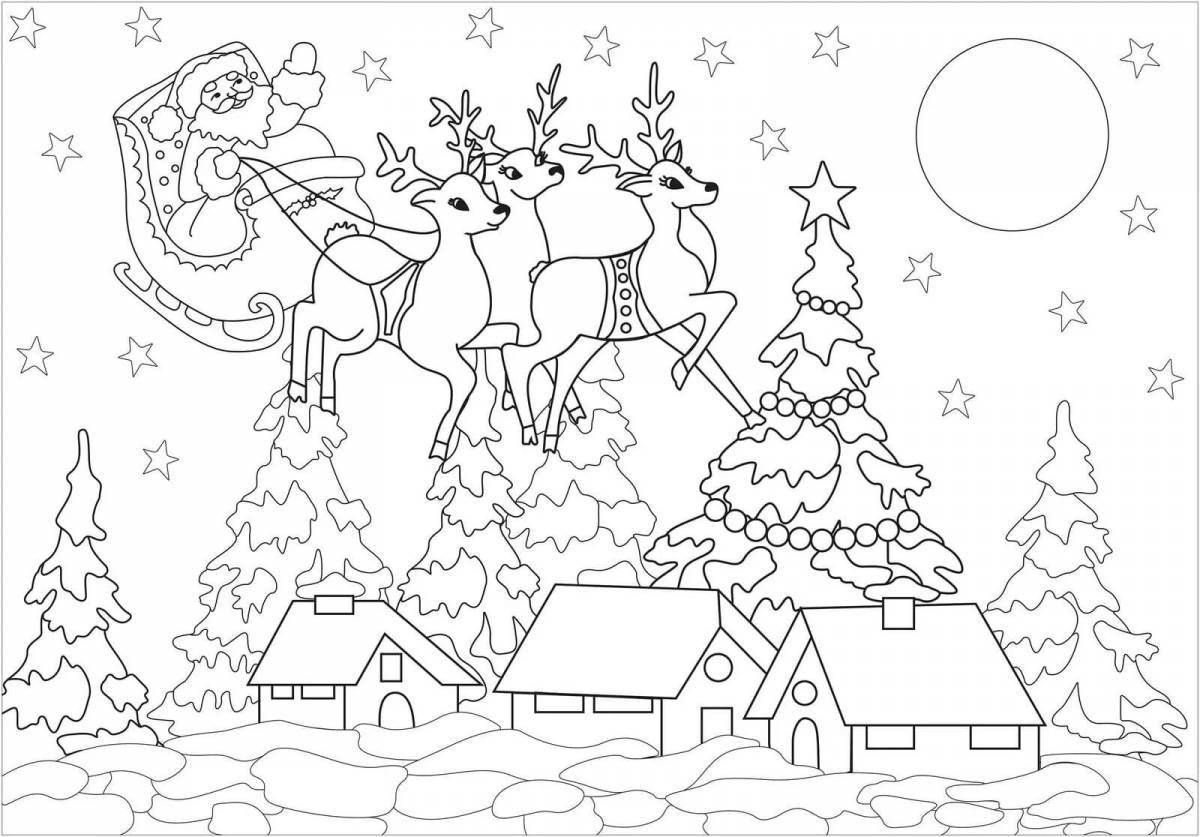 Joyful santa claus and reindeer coloring book
