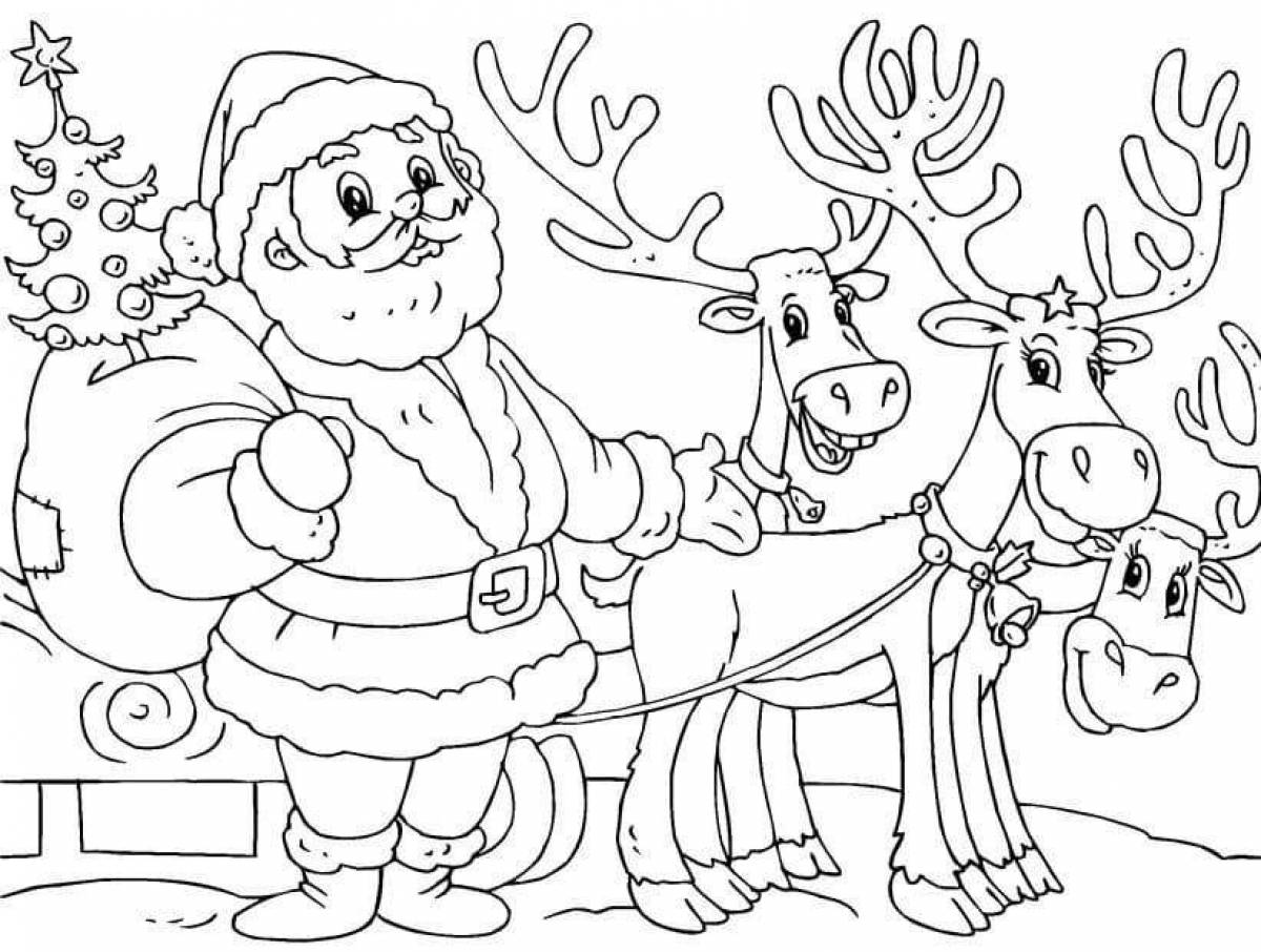 Beautiful santa claus and reindeer coloring page