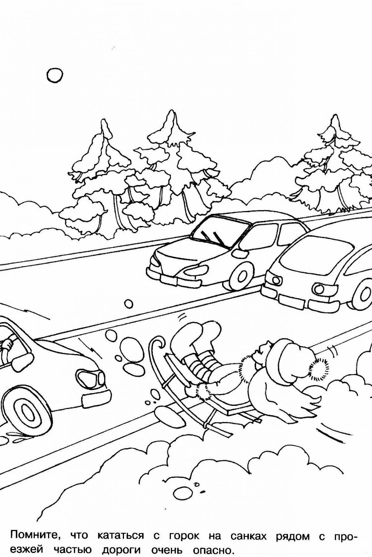 Яркая страница раскраски безопасность на дороге