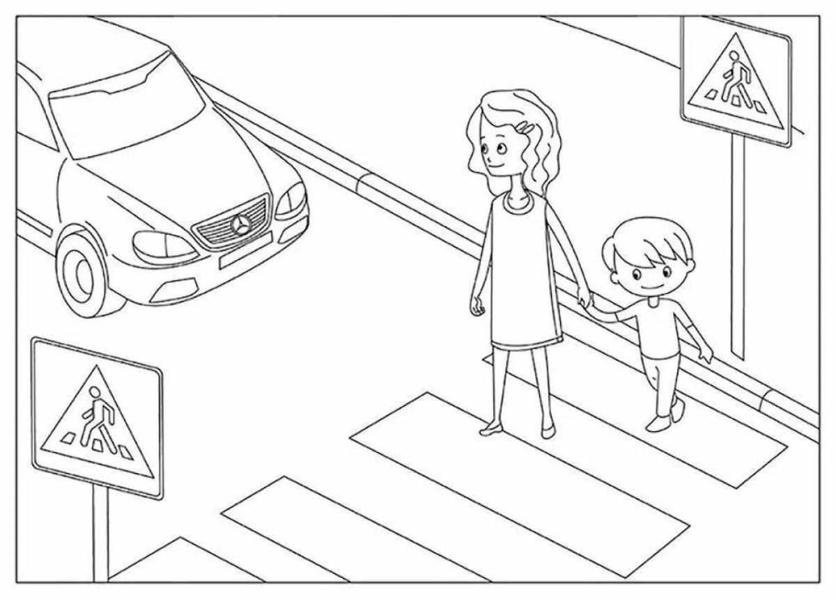 Веселая страница раскраски «безопасность на дороге»