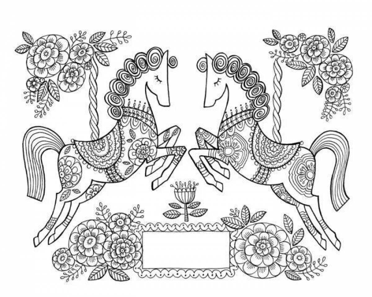 Complex Gorodets painting of horses and birds