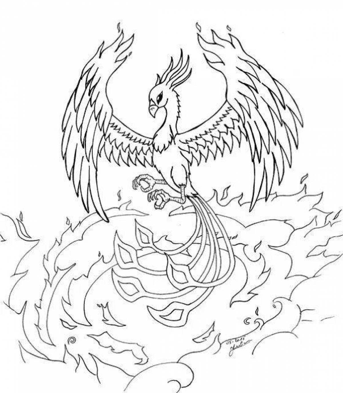 A brightly colored phoenix coloring page