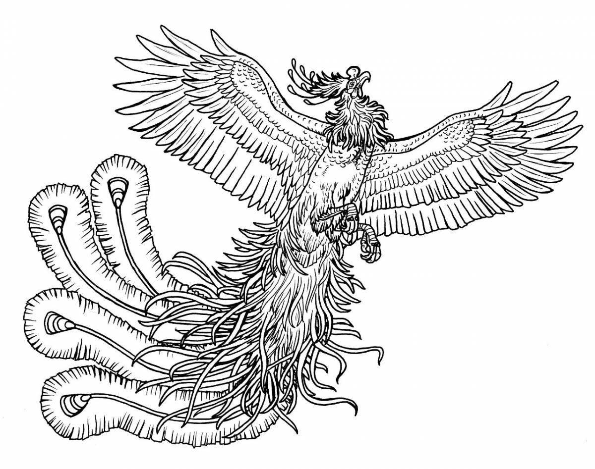 Intricately shaded phoenix coloring page