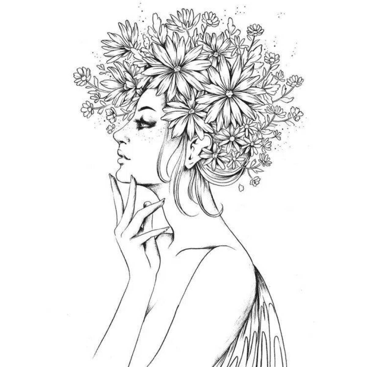 Раскраска антистресс девушка с цветами