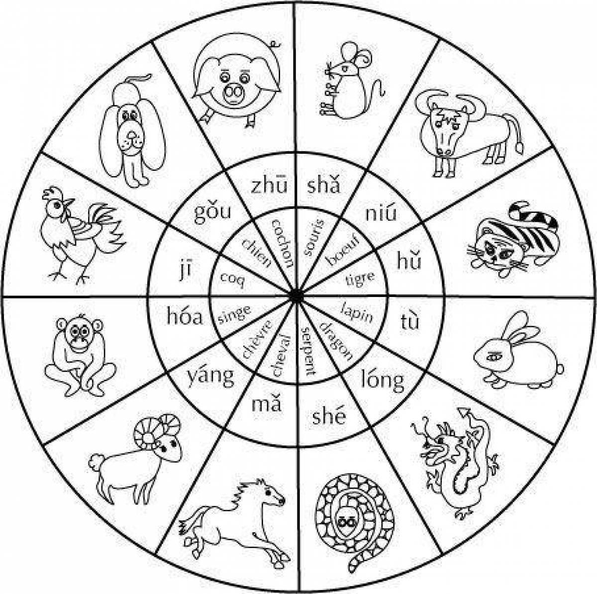 Круг года. Китайский гороскоп раскраска. Раскраски символы года по восточному календарю. Животные китайского календаря. Китайский календарь раскраска.