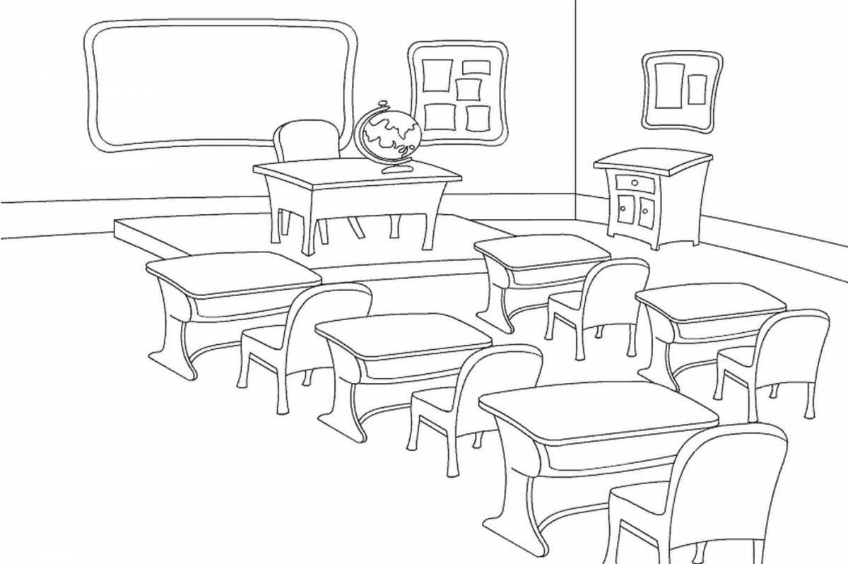 Colorful exciting coloring page in the classroom