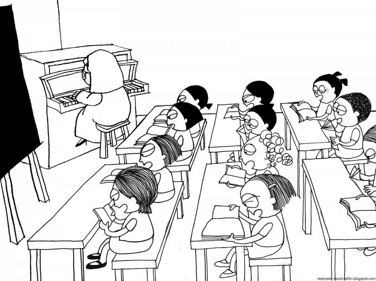 Colorful playful coloring page in the classroom