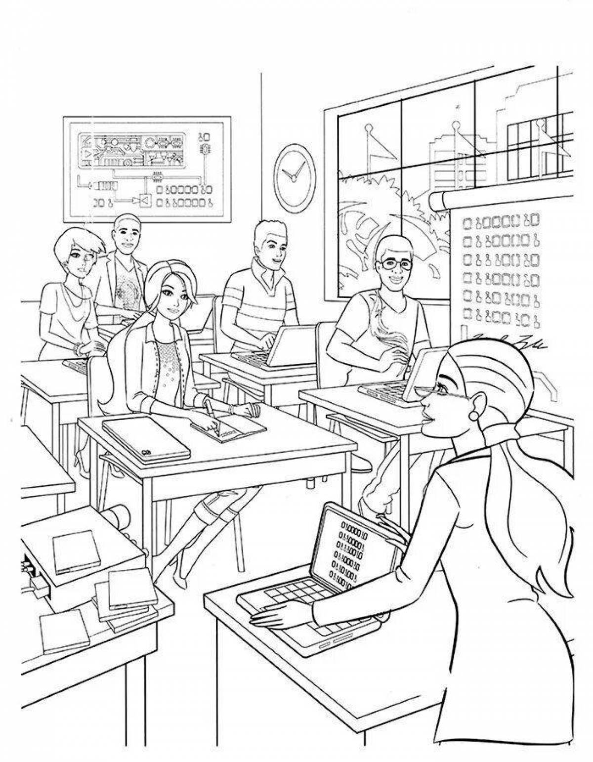Colorful bright coloring page in the classroom