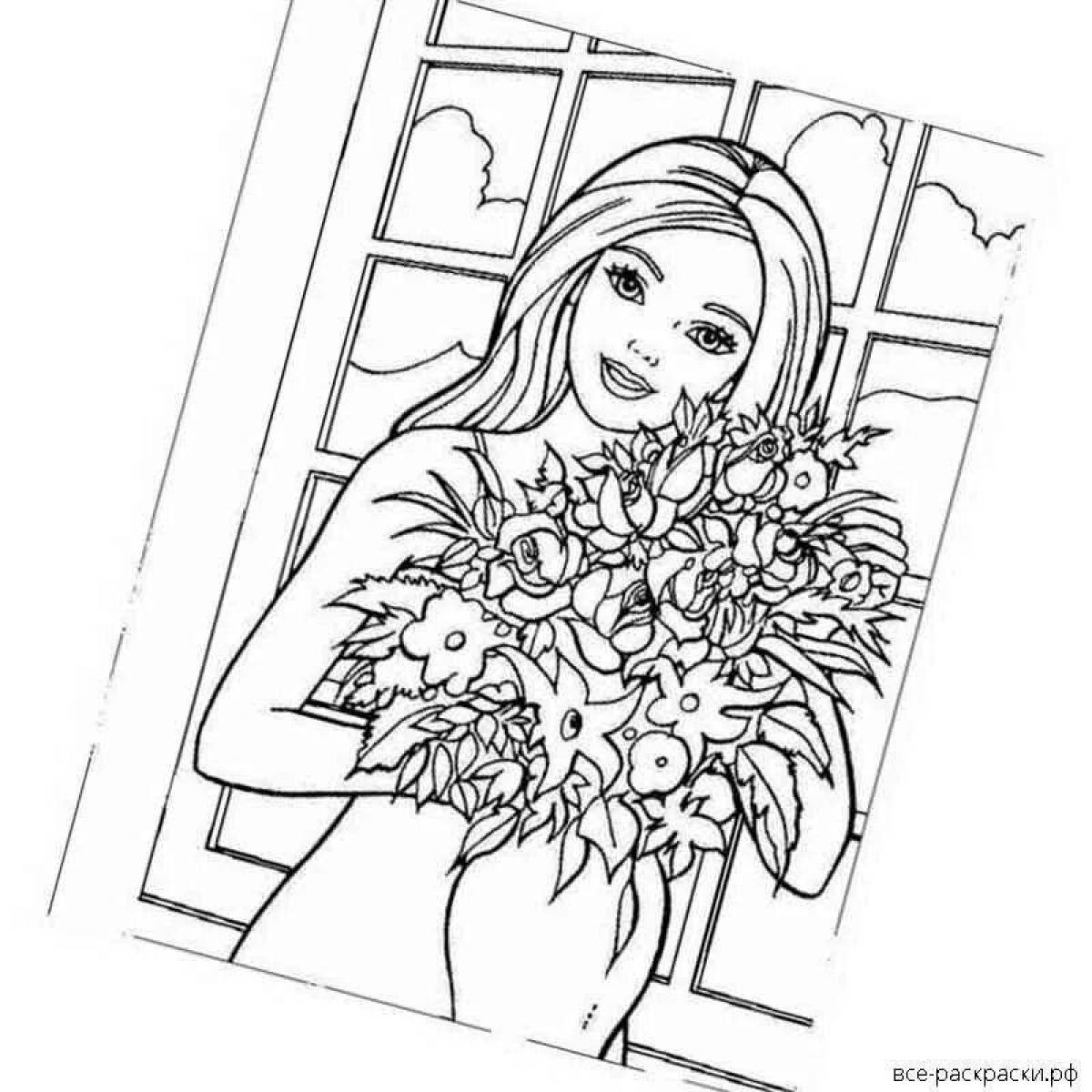 Serene coloring girl with flowers