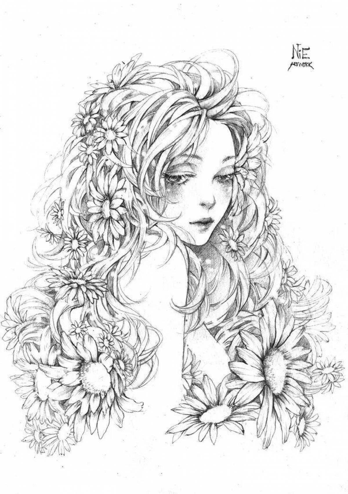 Прекрасная раскраска девушка с цветами