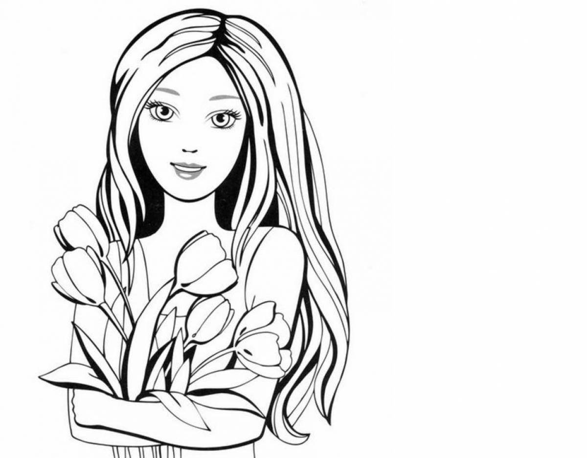 Coloring page exalted girl with flowers