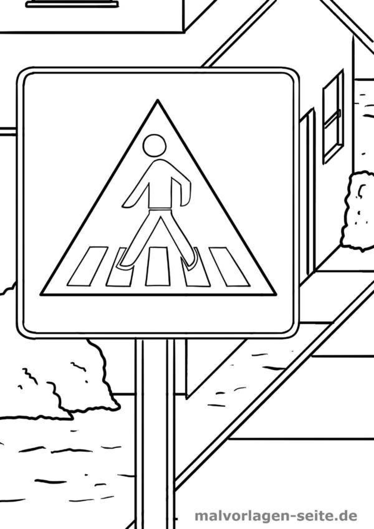 Coloring page busy pedestrian crossing traffic sign