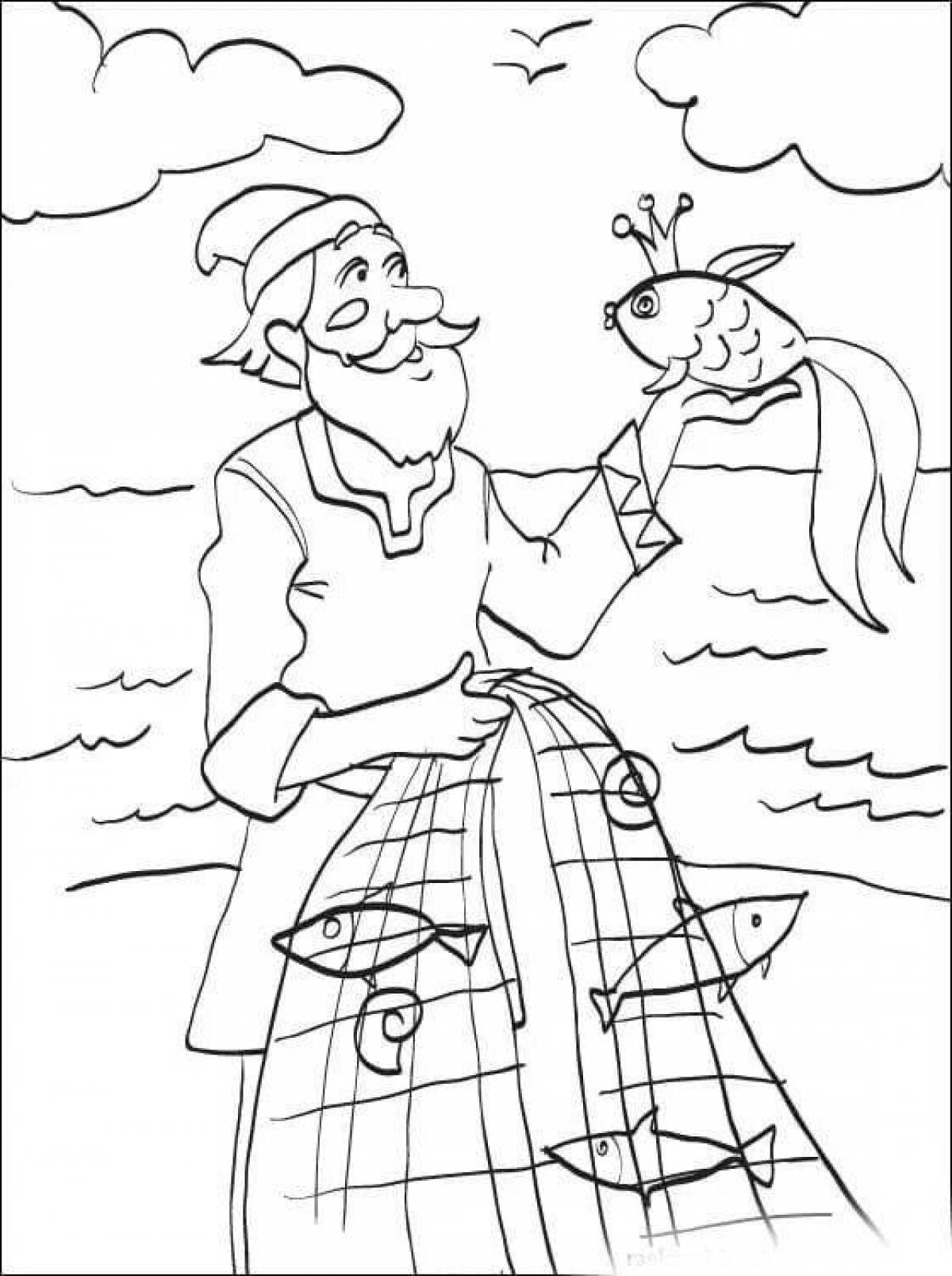 Потрясающая иллюстрация-раскраска к сказке о рыбаке и рыбке